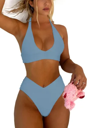 Women's Sexy High Leg Triangle Halter Bikini Set Padded Cup Bikini Cheeky Swimsuit V Cut Thong Bathing Suit