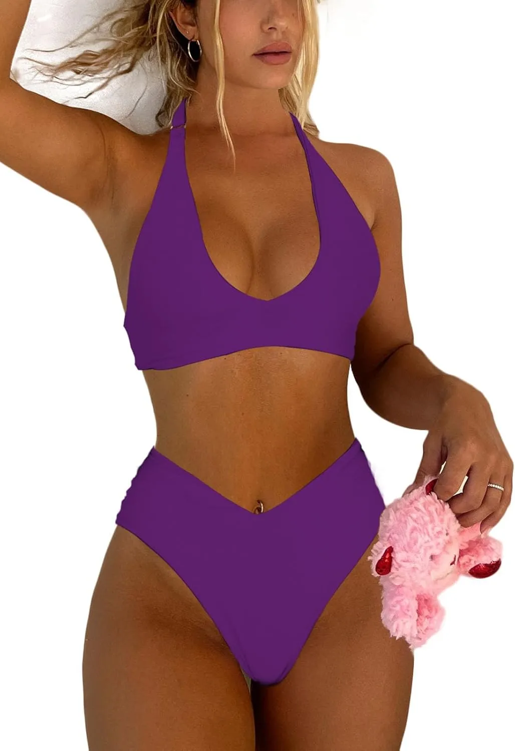 Women's Sexy High Leg Triangle Halter Bikini Set Padded Cup Bikini Cheeky Swimsuit V Cut Thong Bathing Suit