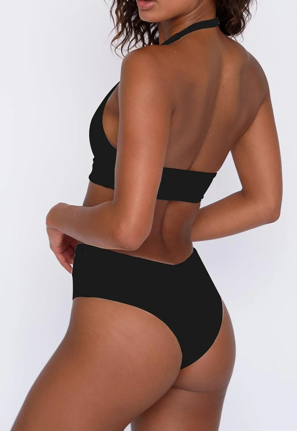 Women's Sexy High Leg Triangle Halter Bikini Set Padded Cup Bikini Cheeky Swimsuit V Cut Thong Bathing Suit