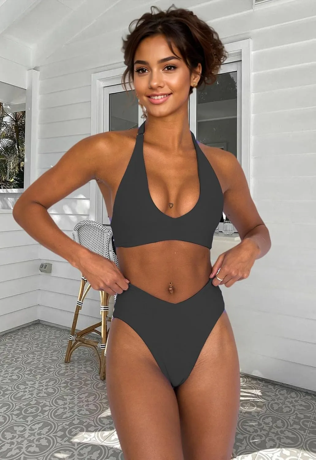 Women's Sexy High Leg Triangle Halter Bikini Set Padded Cup Bikini Cheeky Swimsuit V Cut Thong Bathing Suit