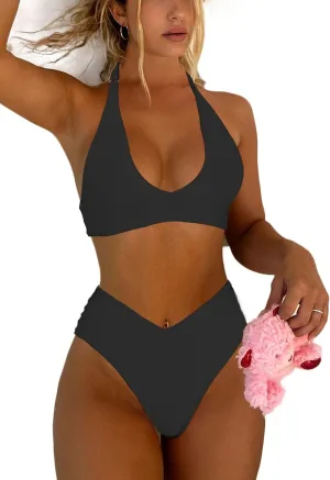 Women's Sexy High Leg Triangle Halter Bikini Set Padded Cup Bikini Cheeky Swimsuit V Cut Thong Bathing Suit