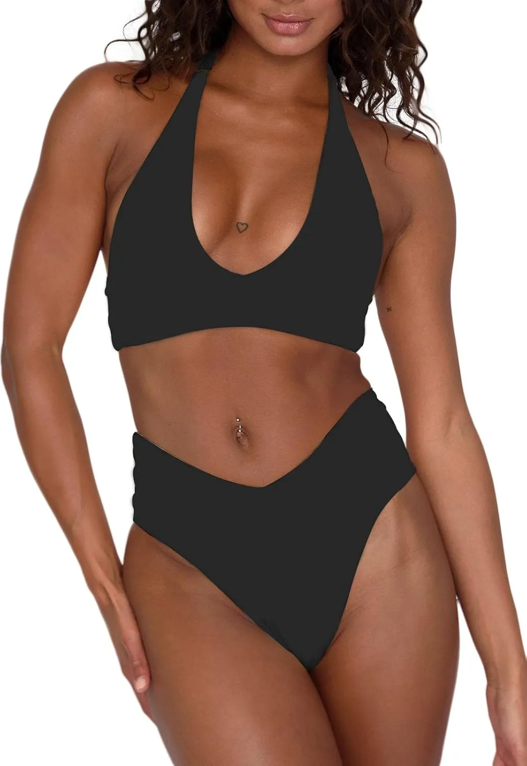 Women's Sexy High Leg Triangle Halter Bikini Set Padded Cup Bikini Cheeky Swimsuit V Cut Thong Bathing Suit