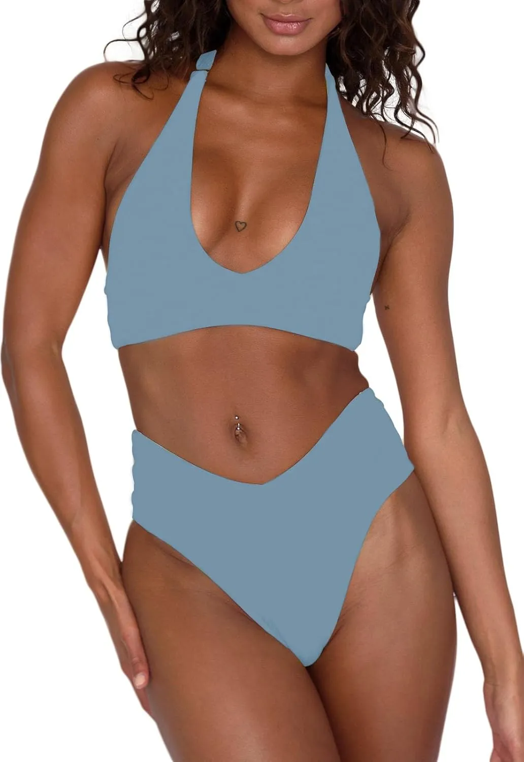 Women's Sexy High Leg Triangle Halter Bikini Set Padded Cup Bikini Cheeky Swimsuit V Cut Thong Bathing Suit
