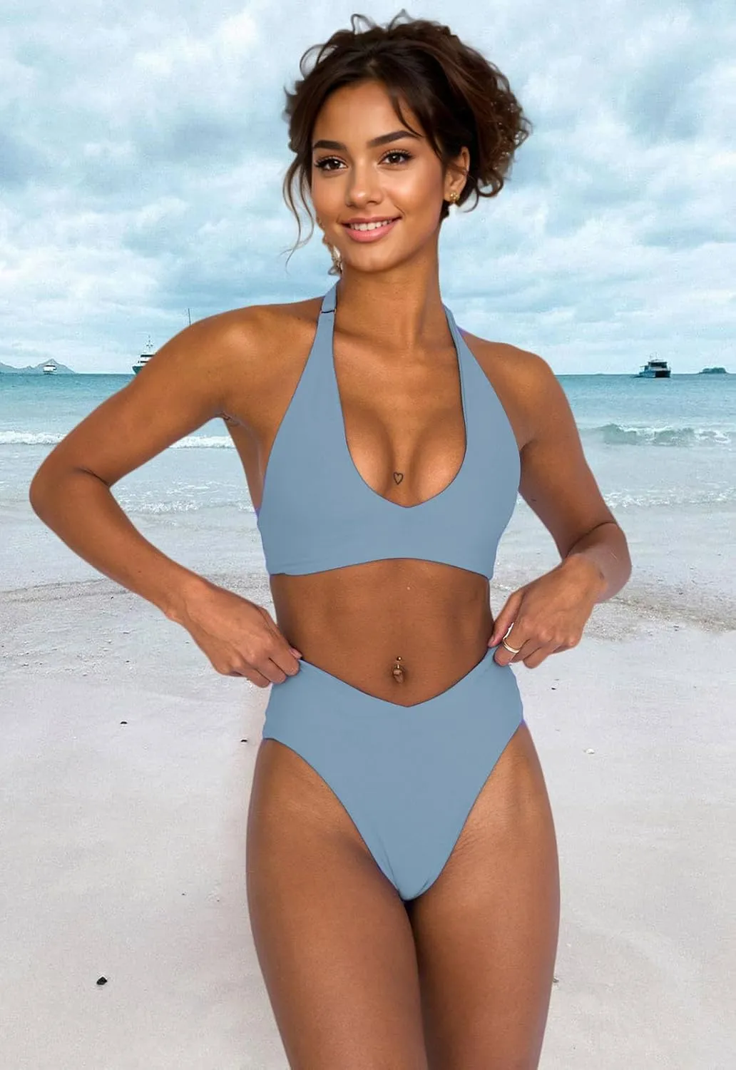 Women's Sexy High Leg Triangle Halter Bikini Set Padded Cup Bikini Cheeky Swimsuit V Cut Thong Bathing Suit