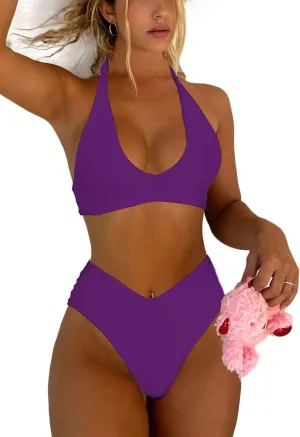 Women's Sexy High Leg Triangle Halter Bikini Set Padded Cup Bikini Cheeky Swimsuit V Cut Thong Bathing Suit