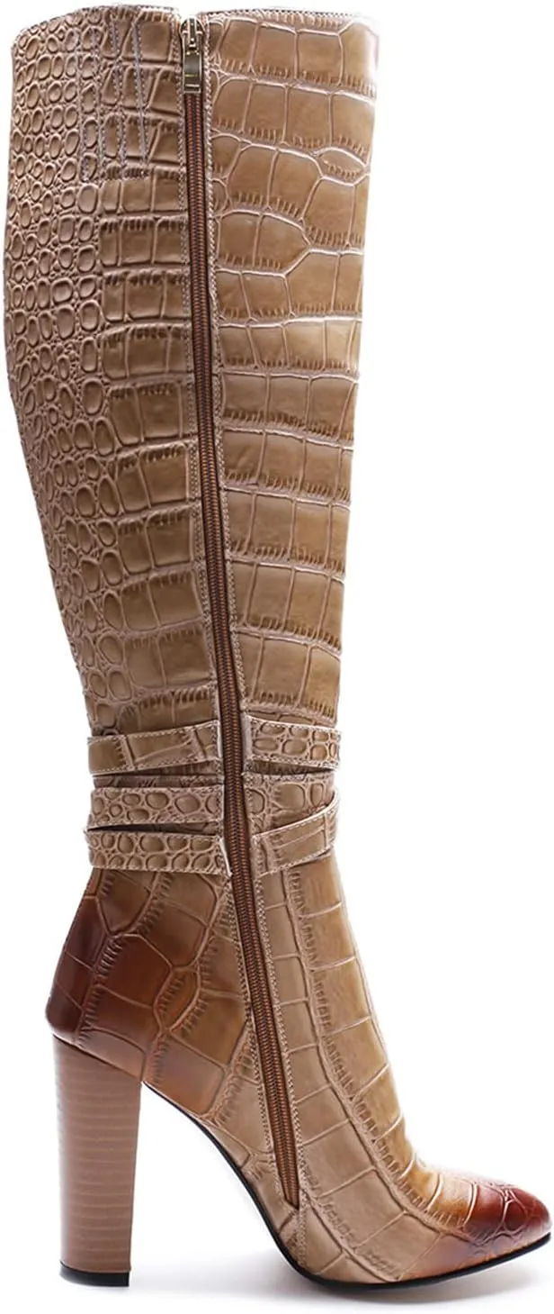 Womens Sexy Thigh High Boots Fashion Crocodile Pattern 5IN Chunky Heeled Zip Booties Winter Wearing Booties Sexy Stripper Club Party Prom Pumps