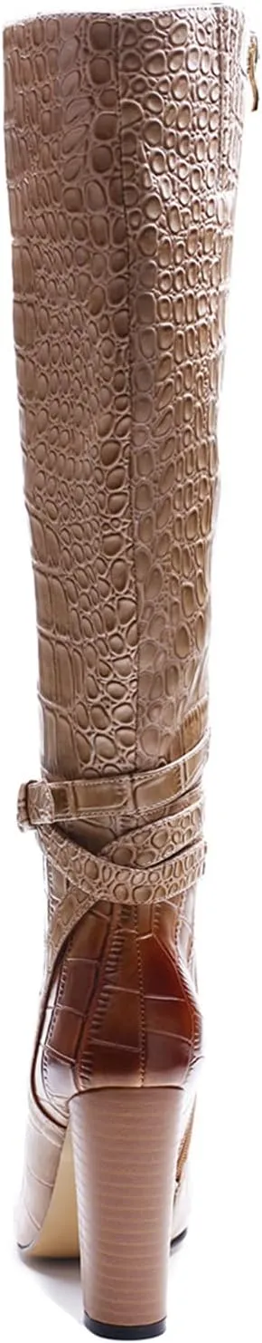 Womens Sexy Thigh High Boots Fashion Crocodile Pattern 5IN Chunky Heeled Zip Booties Winter Wearing Booties Sexy Stripper Club Party Prom Pumps