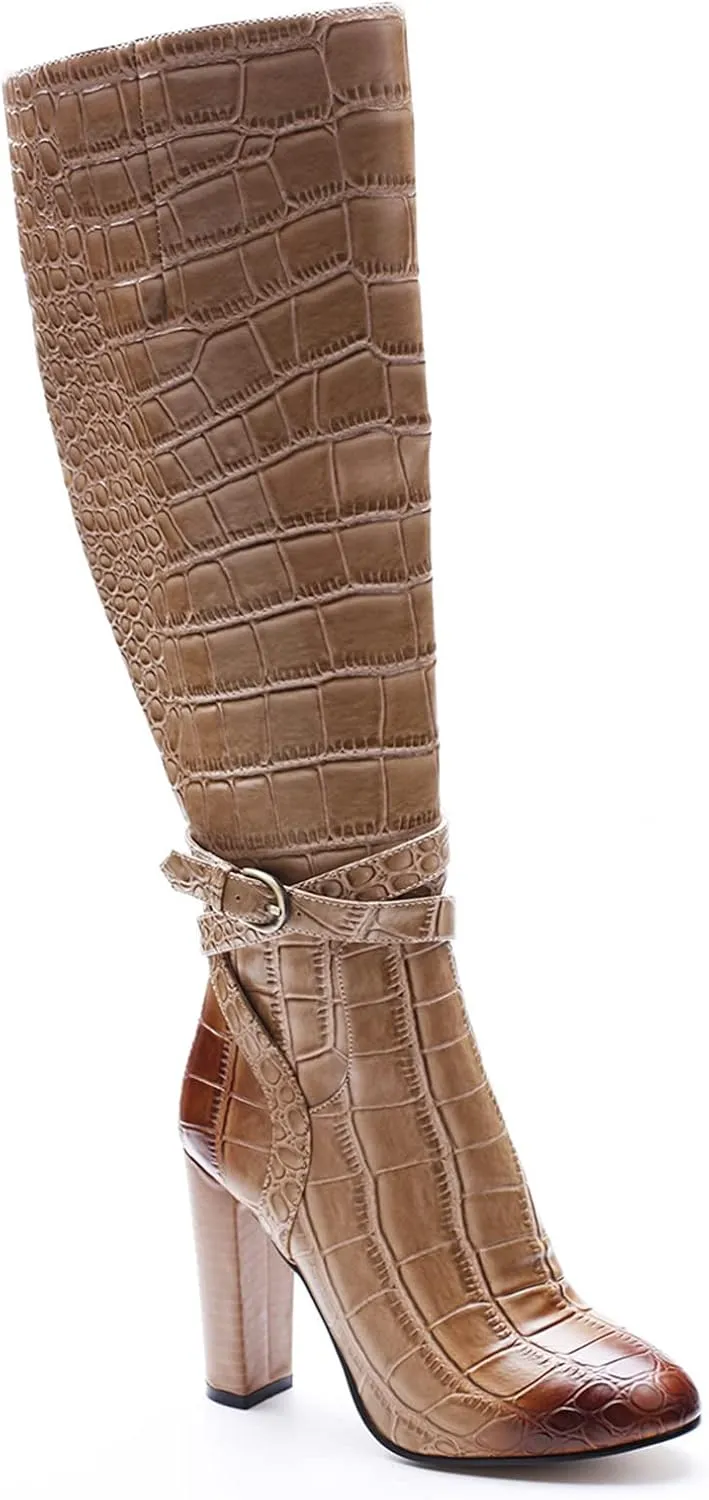 Womens Sexy Thigh High Boots Fashion Crocodile Pattern 5IN Chunky Heeled Zip Booties Winter Wearing Booties Sexy Stripper Club Party Prom Pumps