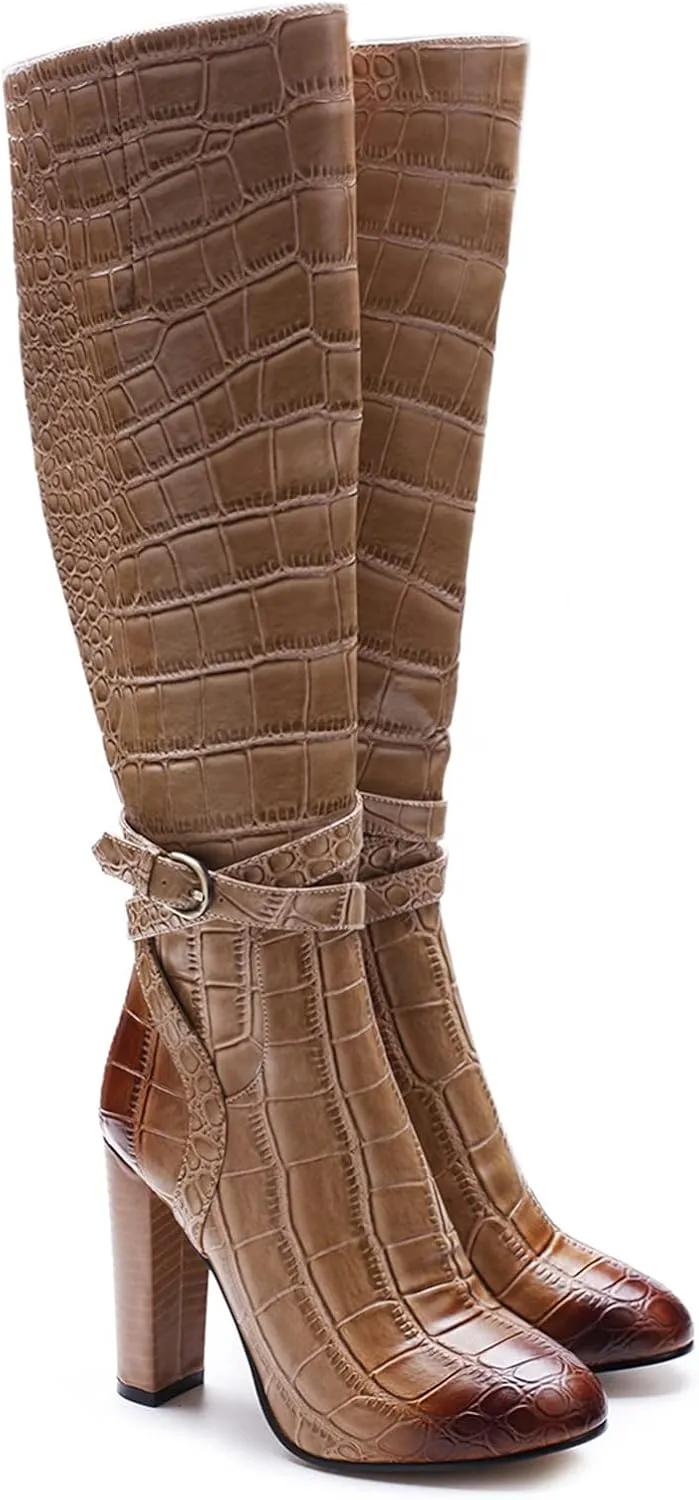 Womens Sexy Thigh High Boots Fashion Crocodile Pattern 5IN Chunky Heeled Zip Booties Winter Wearing Booties Sexy Stripper Club Party Prom Pumps