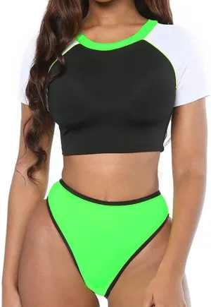 Women's Short Sleeve Swimsuit High Waisted Bikini Neon Bathing Suits Thong Triangle Swimwear Rashguard