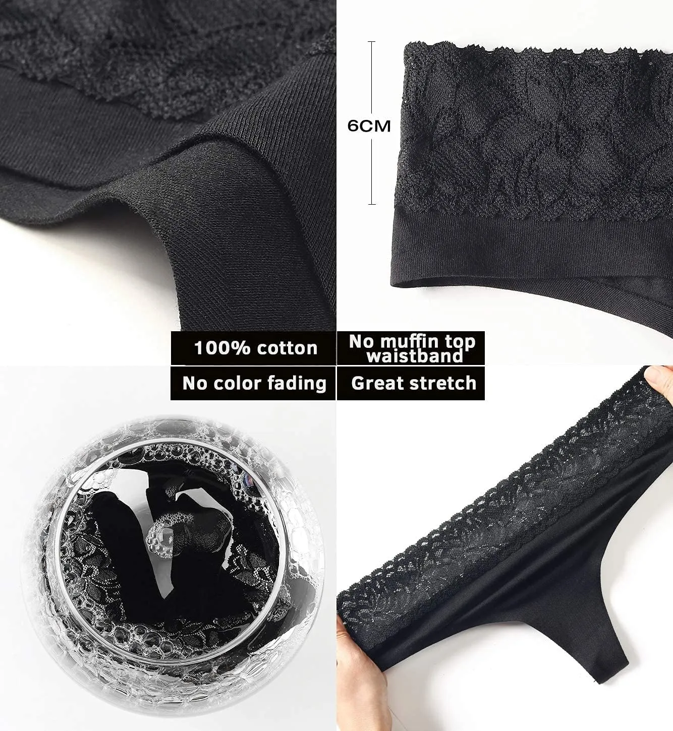 Women's Thongs Underwear Cotton Seamless Thongs for Women Lace Trim Panties