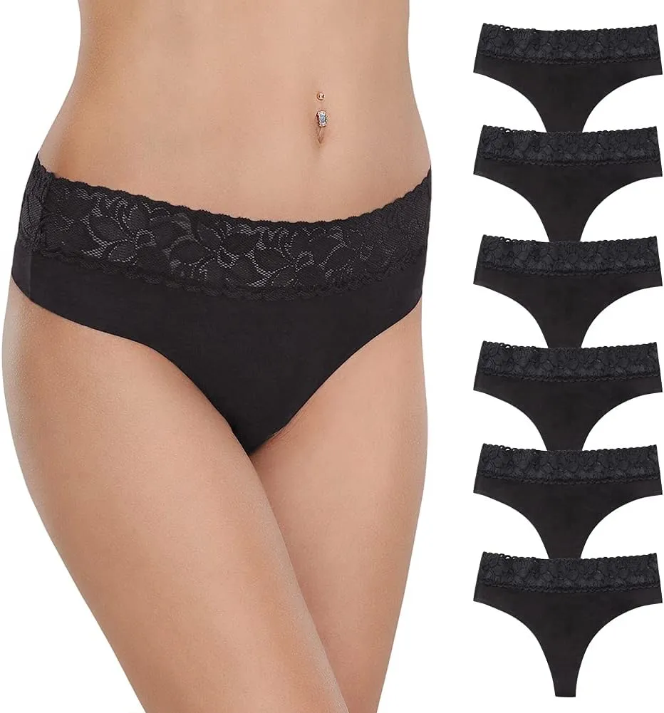 Women's Thongs Underwear Cotton Seamless Thongs for Women Lace Trim Panties
