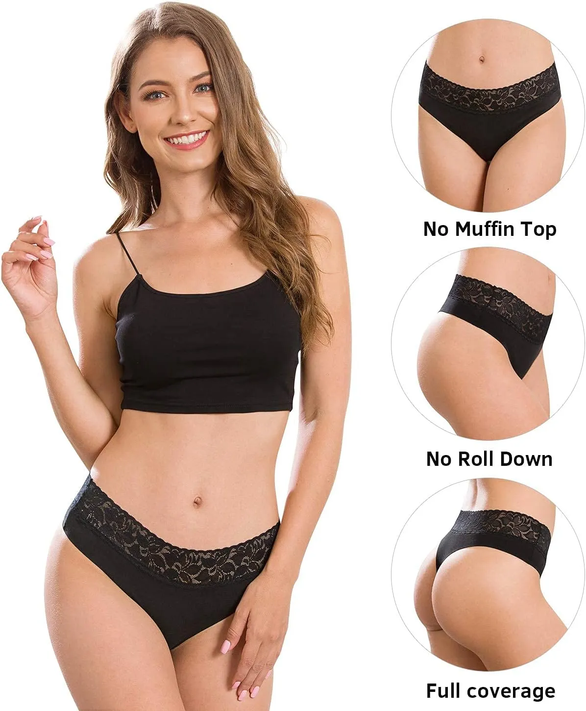 Women's Thongs Underwear Cotton Seamless Thongs for Women Lace Trim Panties