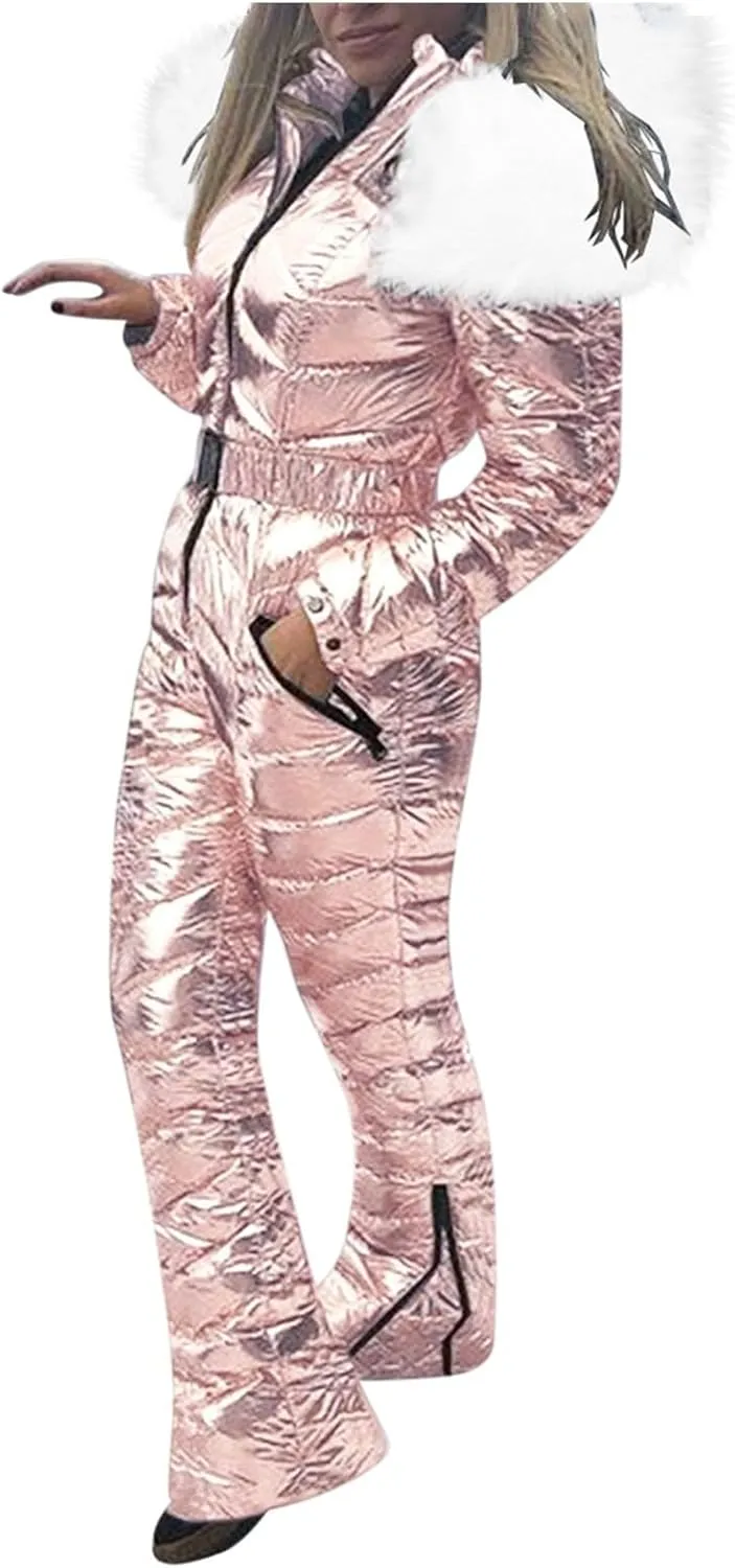 Womens Winter O𝐧e Piece Ski Suit F𝐮r Collar Coat Ski Jumpsuit Snowsuit Winter Sports Outwear Solid Thick