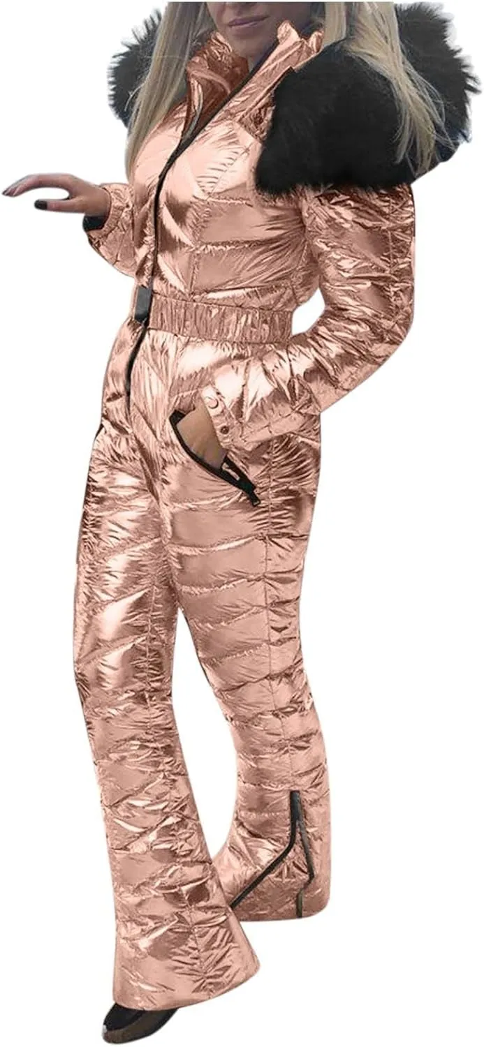 Womens Winter O𝐧e Piece Ski Suit F𝐮r Collar Coat Ski Jumpsuit Snowsuit Winter Sports Outwear Solid Thick