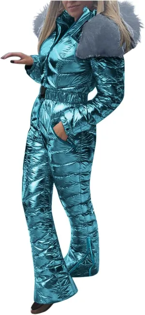 Womens Winter O𝐧e Piece Ski Suit F𝐮r Collar Coat Ski Jumpsuit Snowsuit Winter Sports Outwear Solid Thick