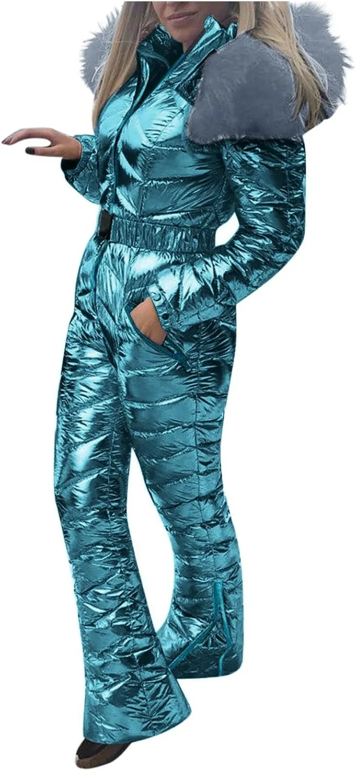 Womens Winter O𝐧e Piece Ski Suit F𝐮r Collar Coat Ski Jumpsuit Snowsuit Winter Sports Outwear Solid Thick