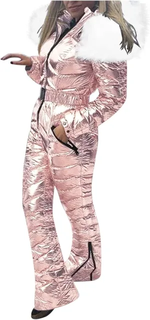 Womens Winter O𝐧e Piece Ski Suit F𝐮r Collar Coat Ski Jumpsuit Snowsuit Winter Sports Outwear Solid Thick