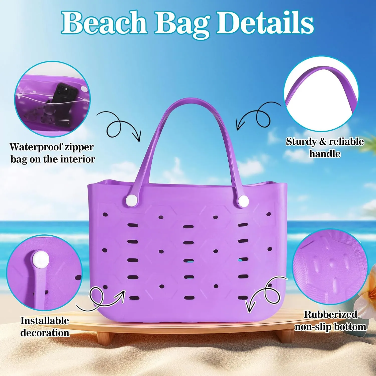 X-Large Rubber Beach Tote for Men & Women, Large Capacity Travel Bag for Boat & Pool