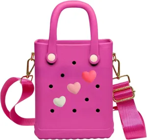 X Small Rubber Beach Bag, Small Tote for Beach Boat Pool, 11.4x6x3 inches with Charms and Adjustable Strap (Haute Pink)