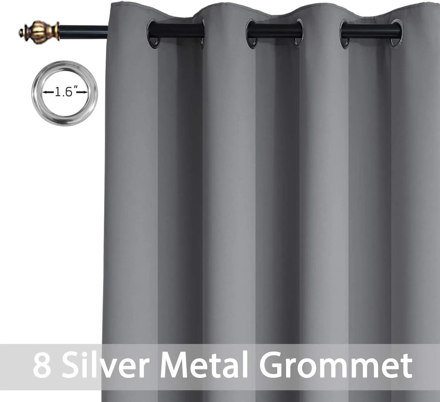 Yakamok Room Darkening Gray Blackout Curtains, Light Blocking Thermal Insulated Grommet Drapes for Bedroom Living Room, 52W x 84L, Grey Curtains, 2 Panels, 2 Tie Backs Included