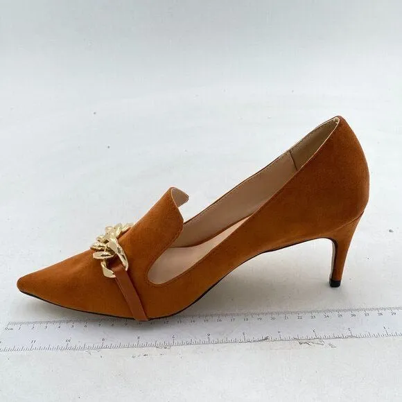 YDN Brown Mid Heels Slip on Loafer Stilettos Pumps Pointy Toe Slide Suede Shoes