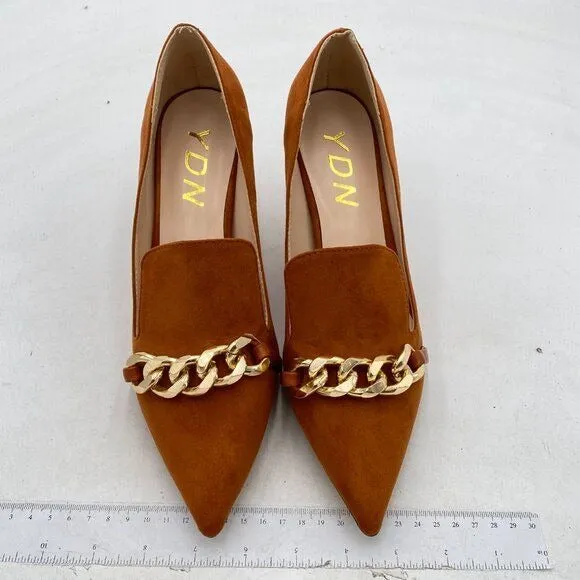 YDN Brown Mid Heels Slip on Loafer Stilettos Pumps Pointy Toe Slide Suede Shoes