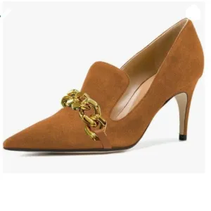 YDN Brown Mid Heels Slip on Loafer Stilettos Pumps Pointy Toe Slide Suede Shoes