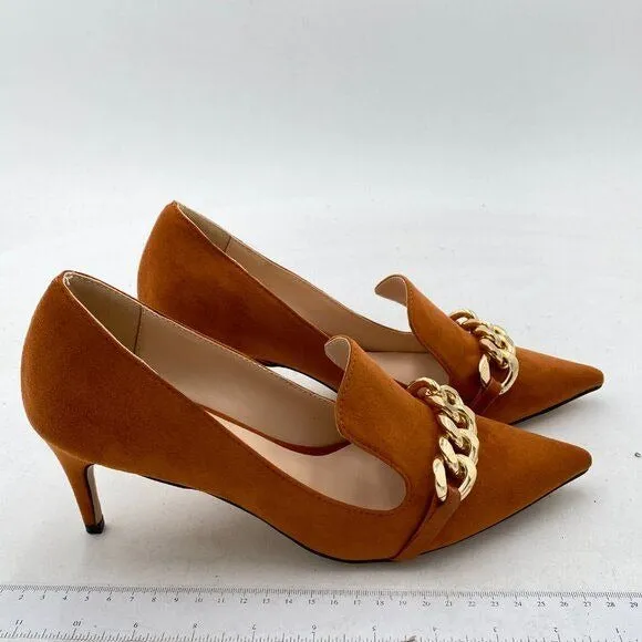 YDN Brown Mid Heels Slip on Loafer Stilettos Pumps Pointy Toe Slide Suede Shoes