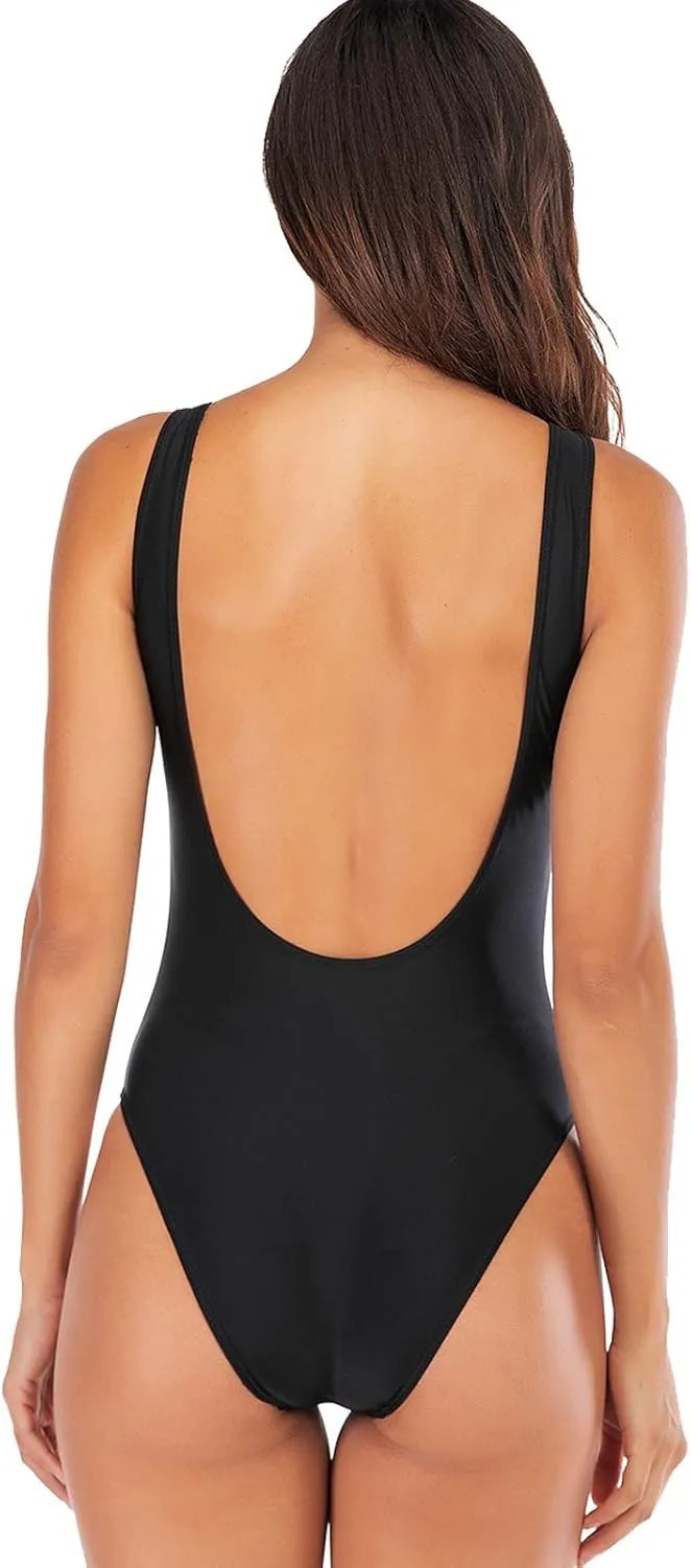 YELAIVP Women's Retro Scoop Neck Padded One Piece Swimsuits High Cut Low Back Bathing Suits Swimwear Bodysuit