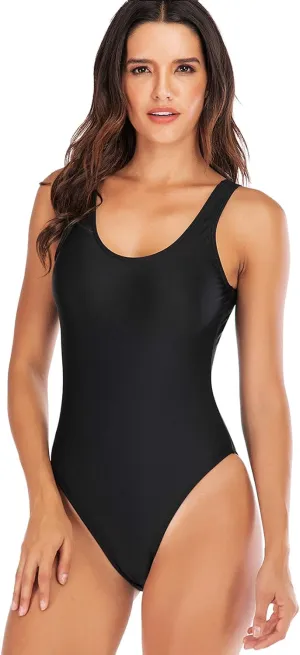 YELAIVP Women's Retro Scoop Neck Padded One Piece Swimsuits High Cut Low Back Bathing Suits Swimwear Bodysuit