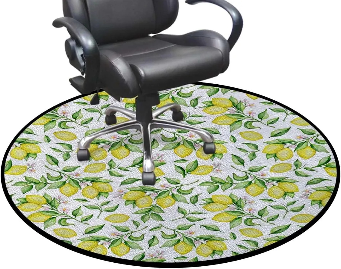 Yellow Green and Pink Round Gaming & Office Chair Mat for Hardwood Floors, Lemonade Green Leaves and Flowers Noise-Cancelling & Anti-Slip Protector, Plant Diameter 43.3 in