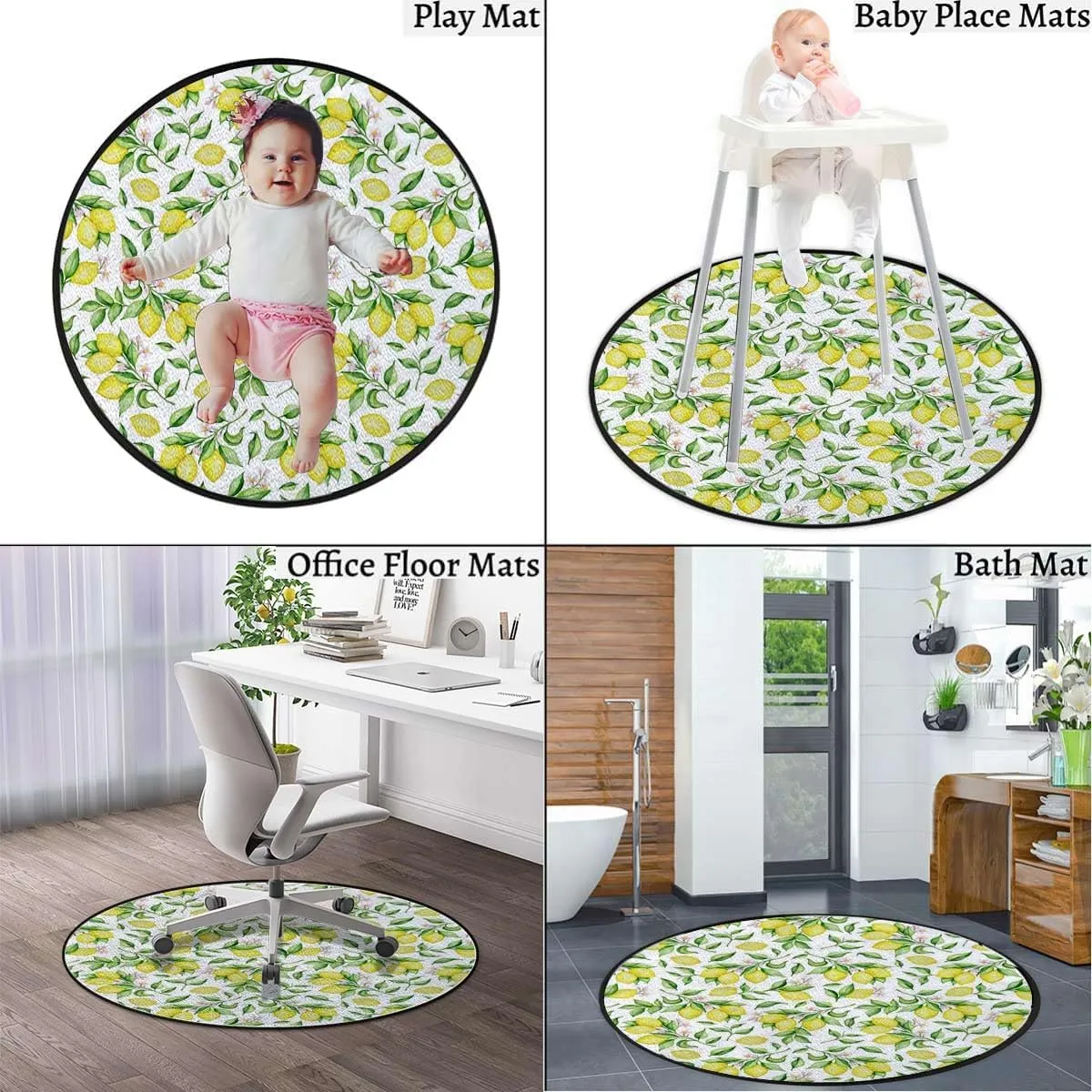 Yellow Green and Pink Round Gaming & Office Chair Mat for Hardwood Floors, Lemonade Green Leaves and Flowers Noise-Cancelling & Anti-Slip Protector, Plant Diameter 43.3 in