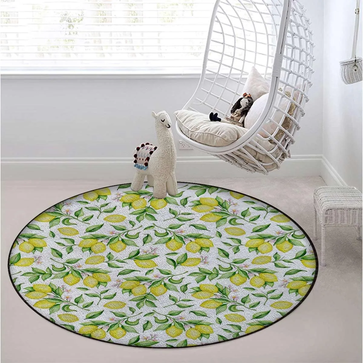 Yellow Green and Pink Round Gaming & Office Chair Mat for Hardwood Floors, Lemonade Green Leaves and Flowers Noise-Cancelling & Anti-Slip Protector, Plant Diameter 43.3 in