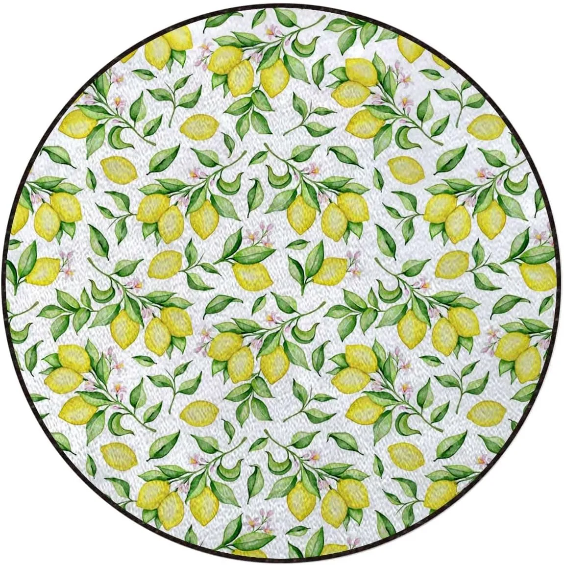 Yellow Green and Pink Round Gaming & Office Chair Mat for Hardwood Floors, Lemonade Green Leaves and Flowers Noise-Cancelling & Anti-Slip Protector, Plant Diameter 43.3 in