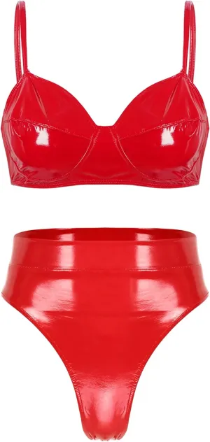 YiZYiF Women's Faux Leather Sexy Triangle Padded Bathing Suit 2 Pieces Swimsuit Bikini Set Swimwear