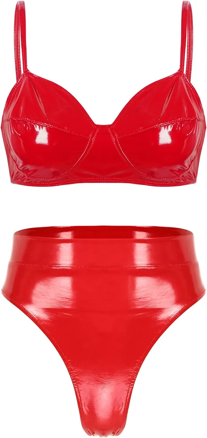 YiZYiF Women's Faux Leather Sexy Triangle Padded Bathing Suit 2 Pieces Swimsuit Bikini Set Swimwear