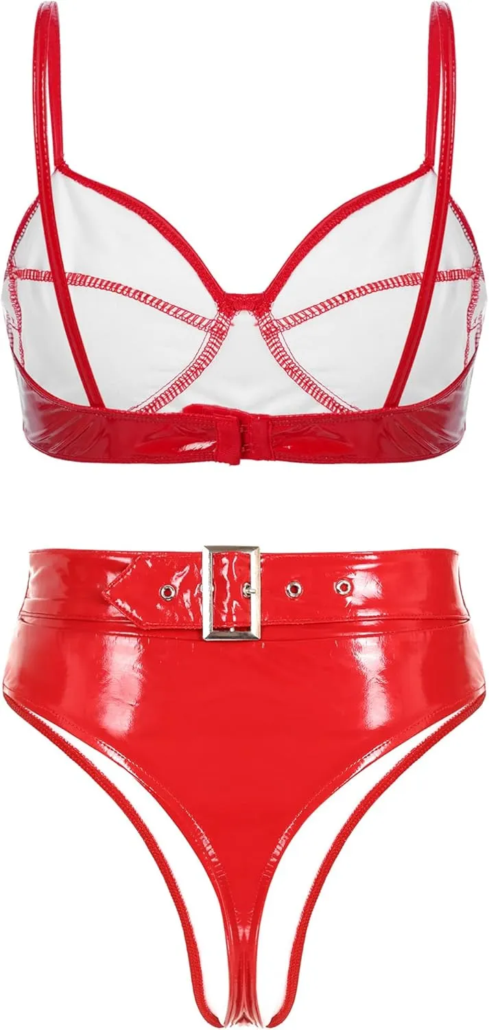 YiZYiF Women's Faux Leather Sexy Triangle Padded Bathing Suit 2 Pieces Swimsuit Bikini Set Swimwear