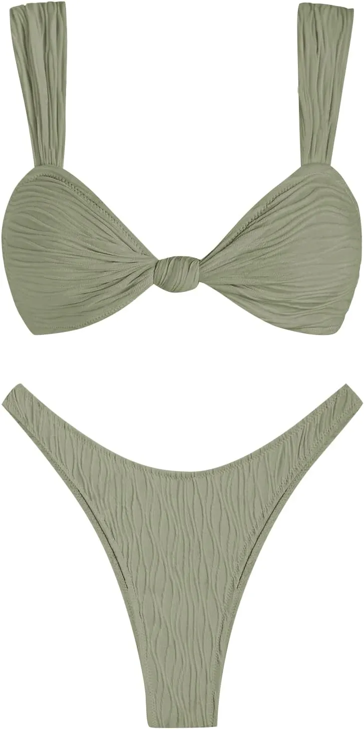 ZAFUL 2025 Cheeky Bikini Sets for Women High Cut Swimsuit Textured Ribbed Bikini Thong Bathing Suit