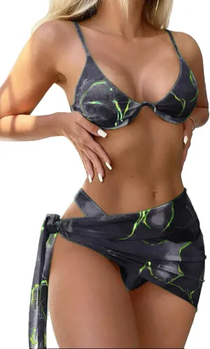 ZAFUL 3 Piece Swimsuits for Women Underwire Thong Bikini Sets Clasp Back Triangle Bathing Suit Cover Up Mesh Sarong Wraps