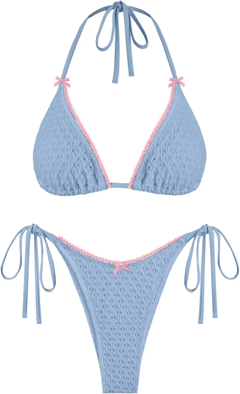 ZAFUL Bikini Sets for Women Halter Two Piece Swimsuit Eyelet Triangle Tie Side Thong Bathing Suit Bowknot Lace Trim Swimwear