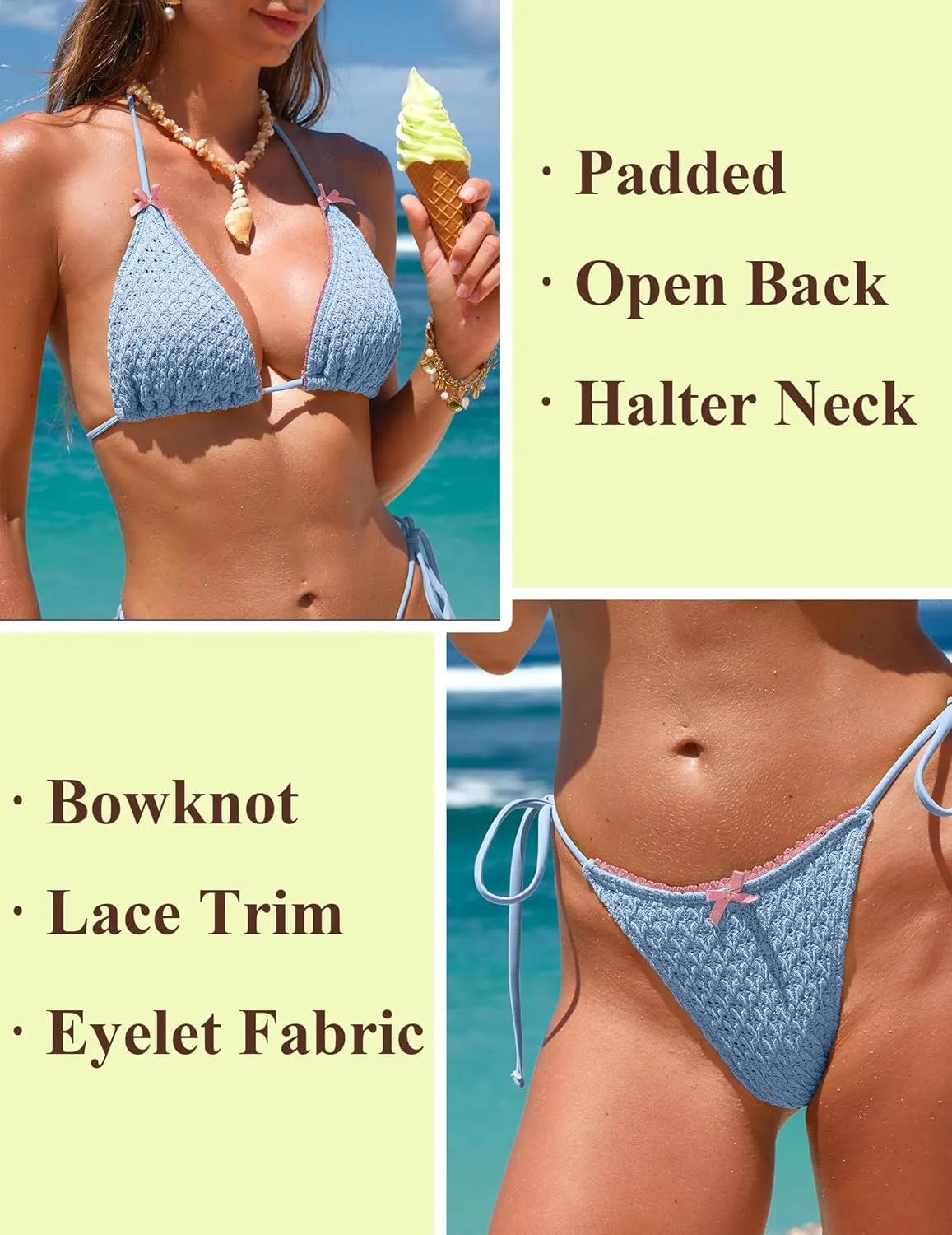 ZAFUL Bikini Sets for Women Halter Two Piece Swimsuit Eyelet Triangle Tie Side Thong Bathing Suit Bowknot Lace Trim Swimwear