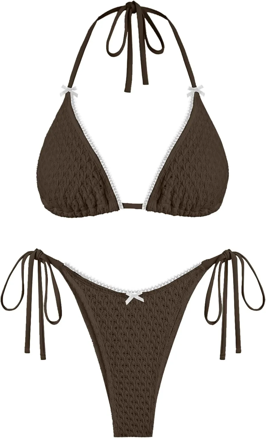 ZAFUL Bikini Sets for Women Halter Two Piece Swimsuit Eyelet Triangle Tie Side Thong Bathing Suit Bowknot Lace Trim Swimwear