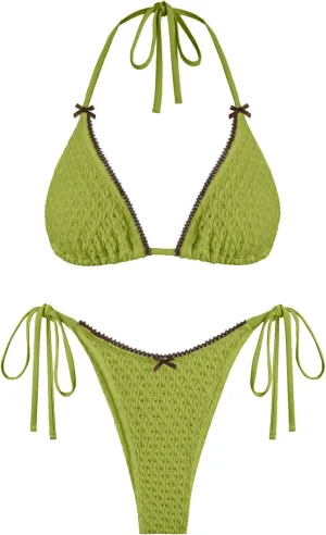 ZAFUL Bikini Sets for Women Halter Two Piece Swimsuit Eyelet Triangle Tie Side Thong Bathing Suit Bowknot Lace Trim Swimwear
