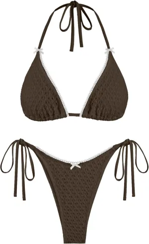 ZAFUL Bikini Sets for Women Halter Two Piece Swimsuit Eyelet Triangle Tie Side Thong Bathing Suit Bowknot Lace Trim Swimwear