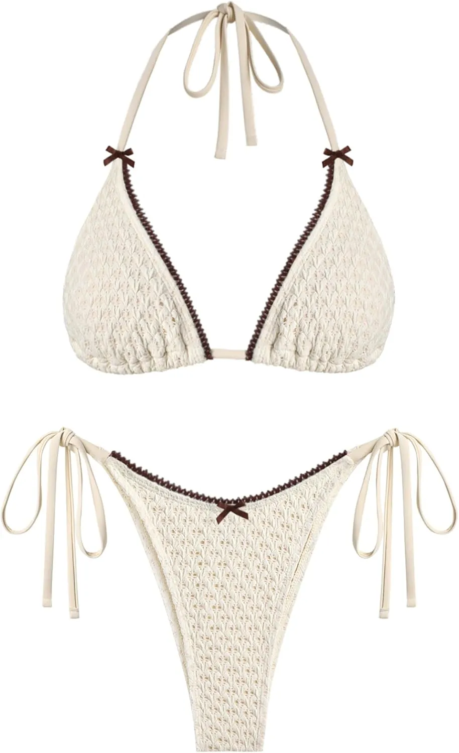 ZAFUL Bikini Sets for Women Halter Two Piece Swimsuit Eyelet Triangle Tie Side Thong Bathing Suit Bowknot Lace Trim Swimwear