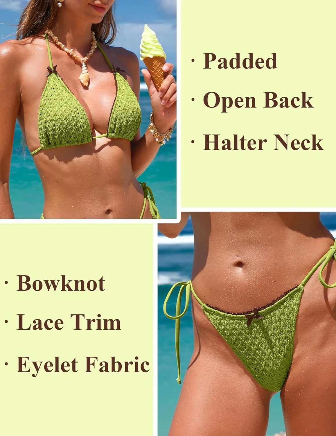 ZAFUL Bikini Sets for Women Halter Two Piece Swimsuit Eyelet Triangle Tie Side Thong Bathing Suit Bowknot Lace Trim Swimwear