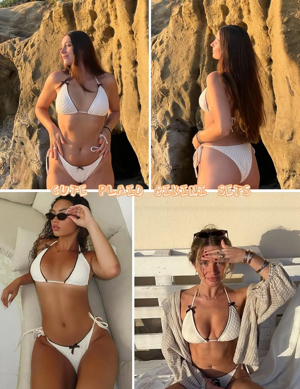 ZAFUL Bikini Sets for Women Halter Two Piece Swimsuit Eyelet Triangle Tie Side Thong Bathing Suit Bowknot Lace Trim Swimwear