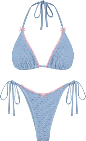 ZAFUL Bikini Sets for Women Halter Two Piece Swimsuit Eyelet Triangle Tie Side Thong Bathing Suit Bowknot Lace Trim Swimwear