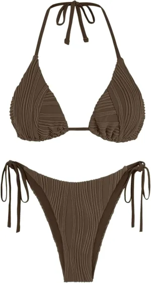 ZAFUL Bikini Sets for Women Halter Two Piece Swimsuit Ribbed High Cut Tie Side Thong Bathing Suit Sexy Padded Swimwear